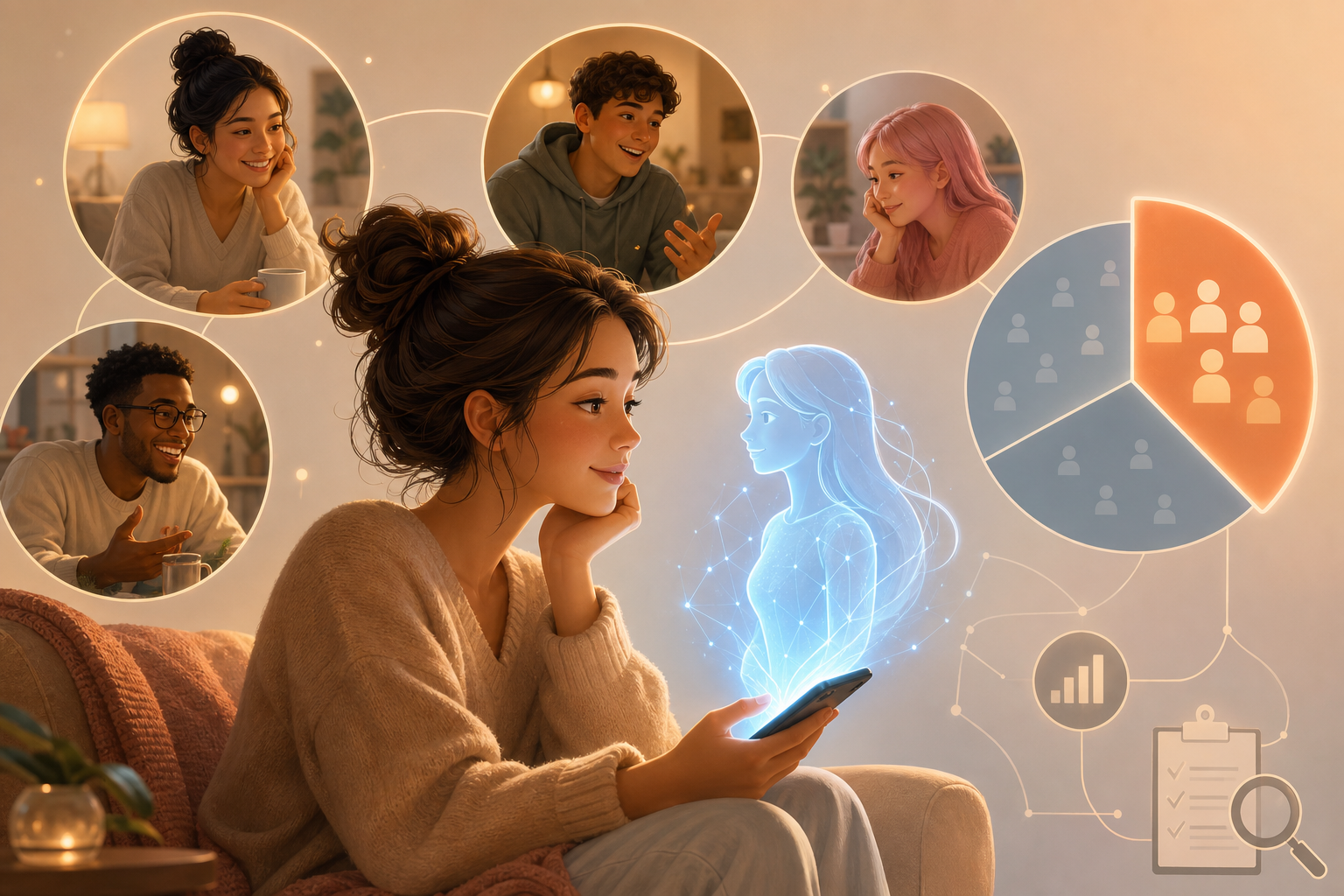 Person chatting with an AI companion late at night